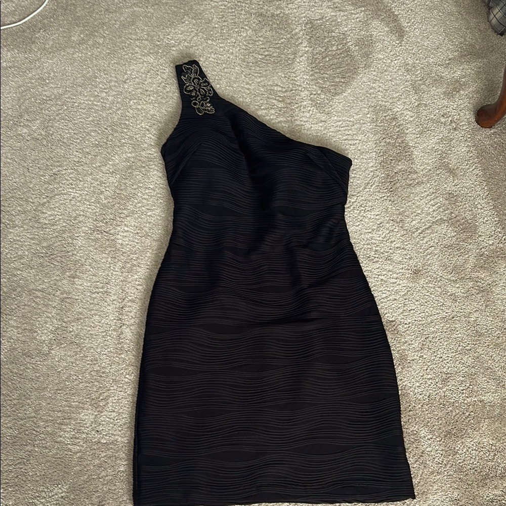 Night Way Collections Black Asymmetrical Ribbed Cocktail Dress